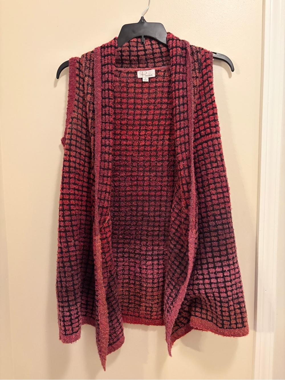 Open-Front Marled Pink and Black Knit Women's Sweater Vest Colorful and Soft